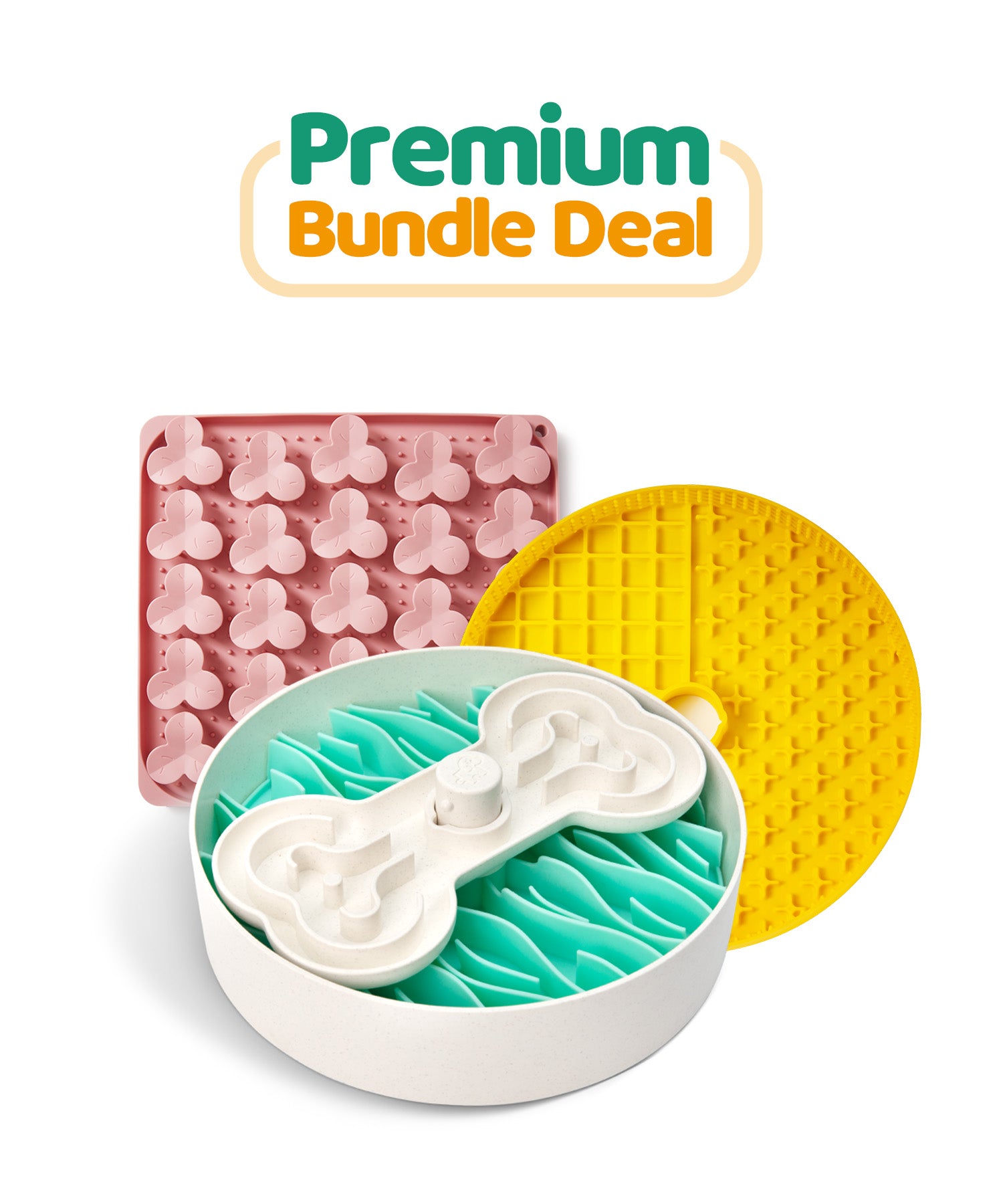 A promotional image for the "Premium Bundle Deal" by Puzzle Feeder™ highlights three pet feeding products in vibrant pink, green, and yellow. These innovative puzzle feeders are perfect for promoting healthy eating habits in your furry friends.