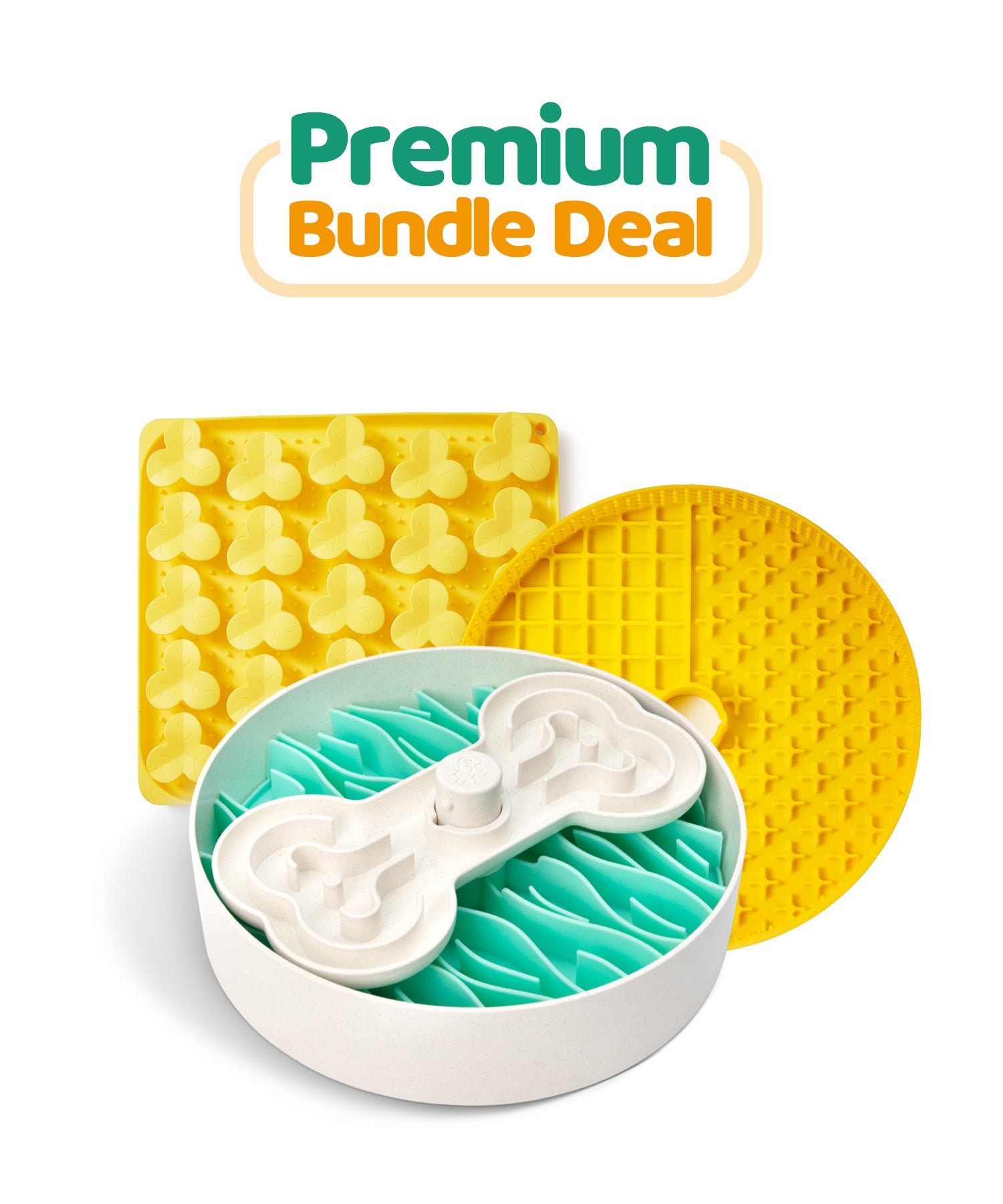 Introducing the Puzzle Feeder™ Premium Bundle Deal, featuring a green and white slow feeder dog bowl, a yellow bone-shaped lick mat, and a round yellow textured mat designed to promote healthy eating habits.