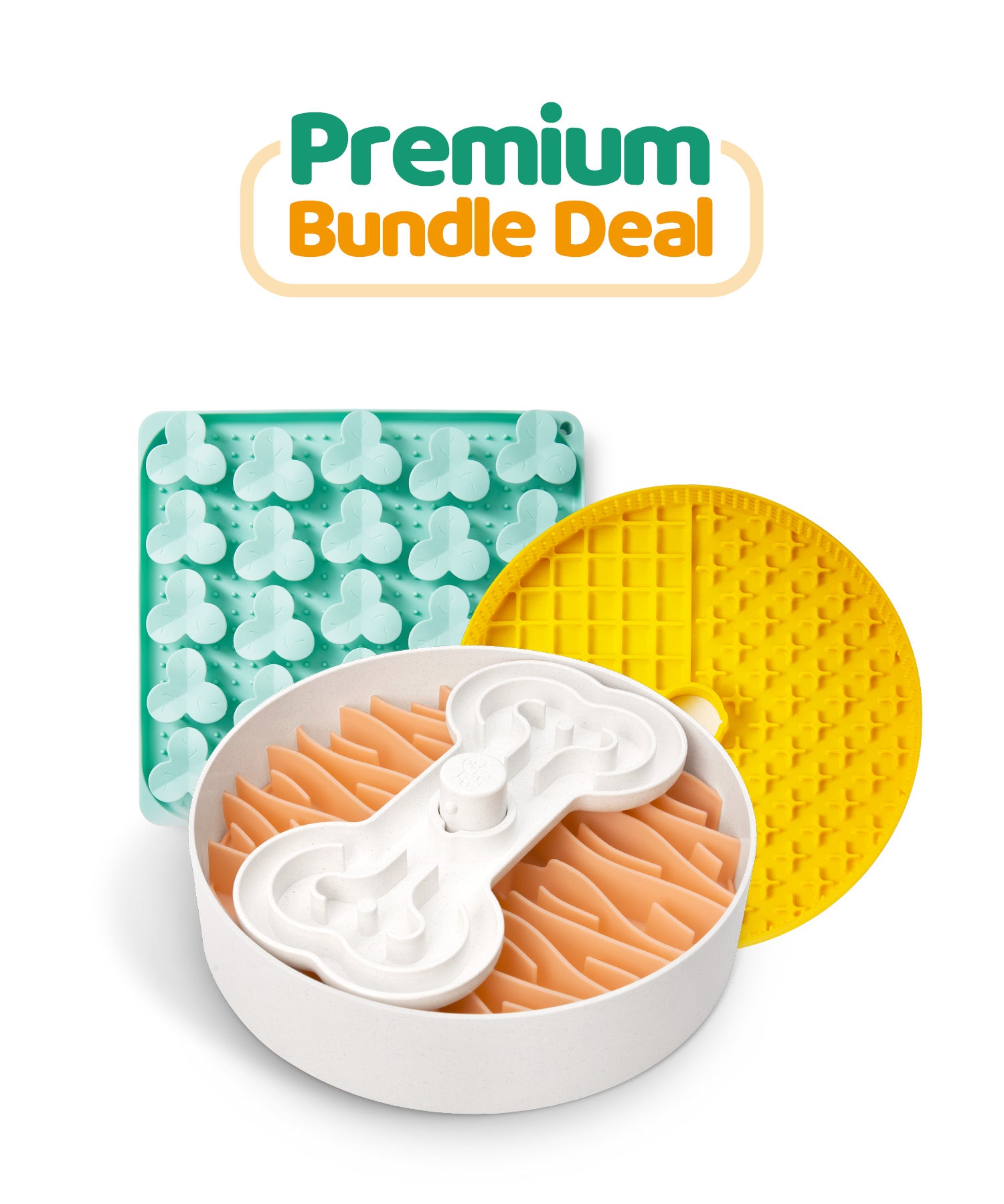 Introducing the Puzzle Feeder™ Premium Bundle Deal, showcasing a collection of pet feeding and enrichment mats. This bundle includes a variety of puzzle feeders and slow feeder dog bowls available in multiple shapes and colors, all set against a pristine white background to encourage healthy eating habits.