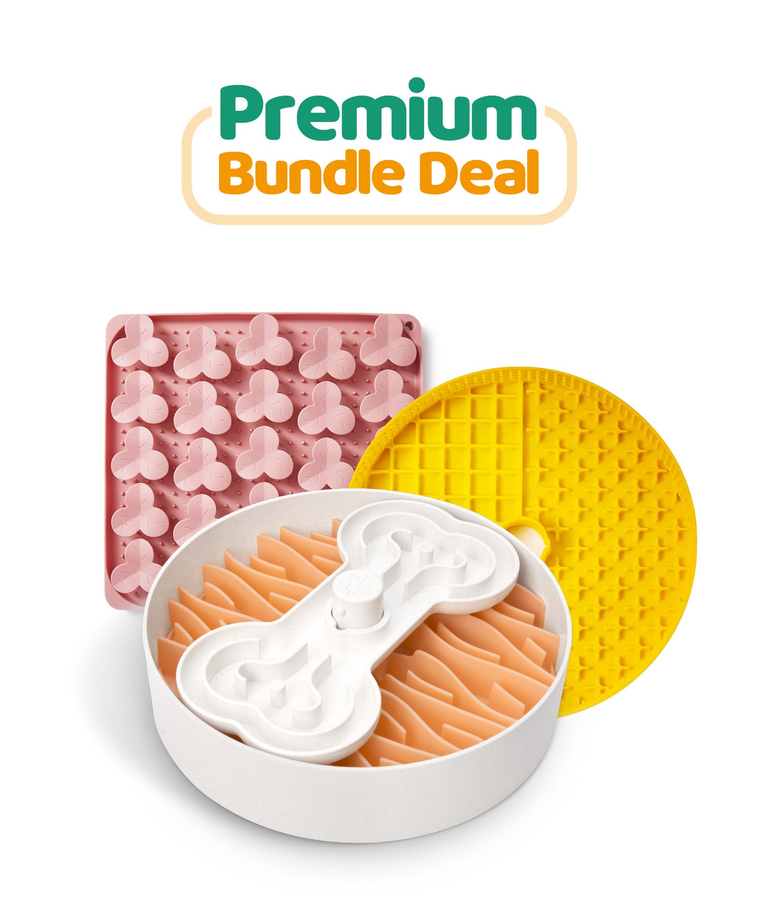 Introducing the Premium Bundle Deal by Puzzle Feeder™: a pet feeding accessory set that includes a paw-print mold, a yellow textured disc, and a bone-shaped puzzle feeder designed to promote healthy eating habits.