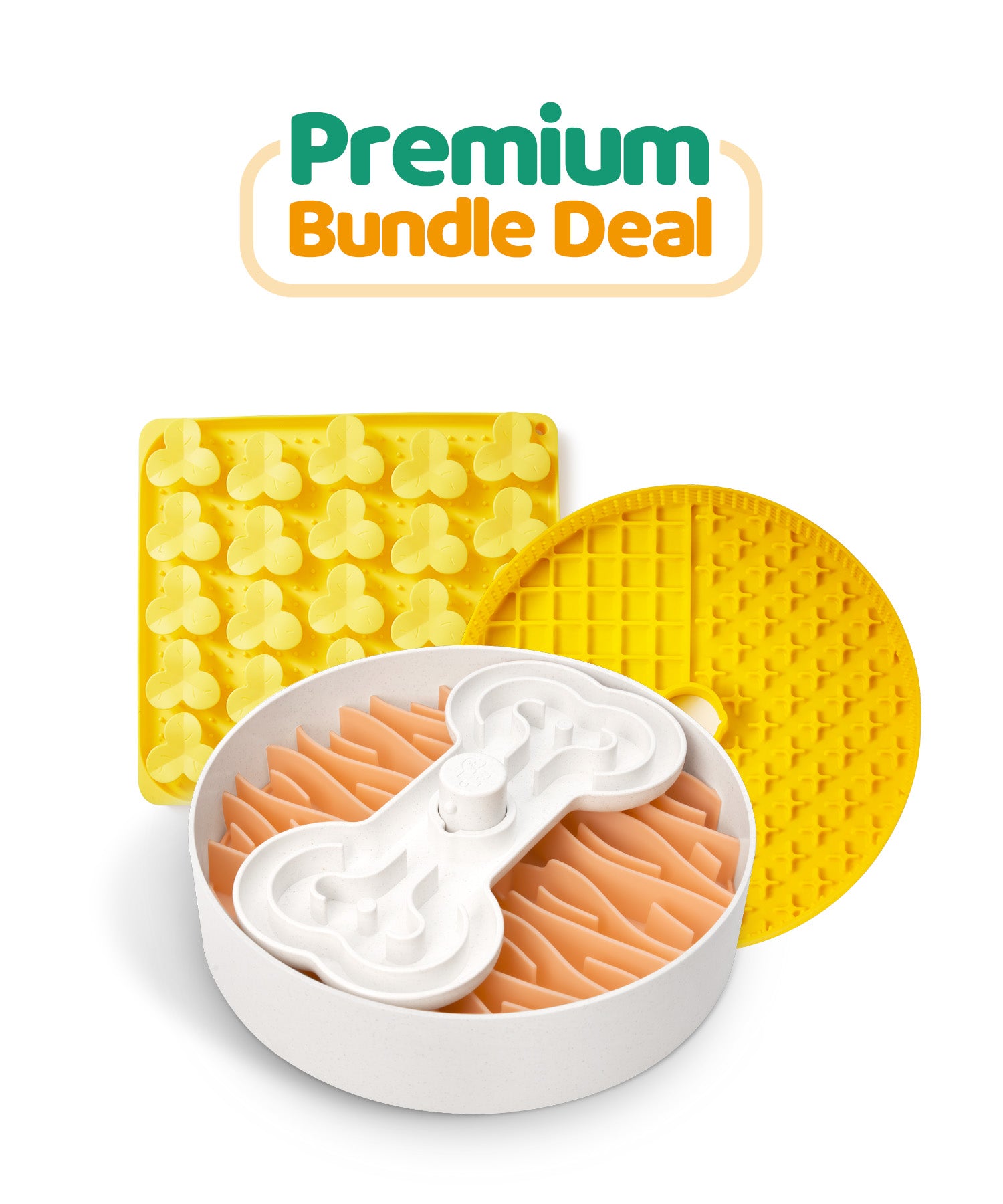 Introducing the "Premium Bundle Deal" from Puzzle Feeder™, a collection of dog feeding accessories including a puzzle feeder, bone-shaped insert, yellow lick mat, and circular chew toy. These items are expertly designed to promote healthy eating habits for your canine companion and provide the ultimate slow feeder experience.