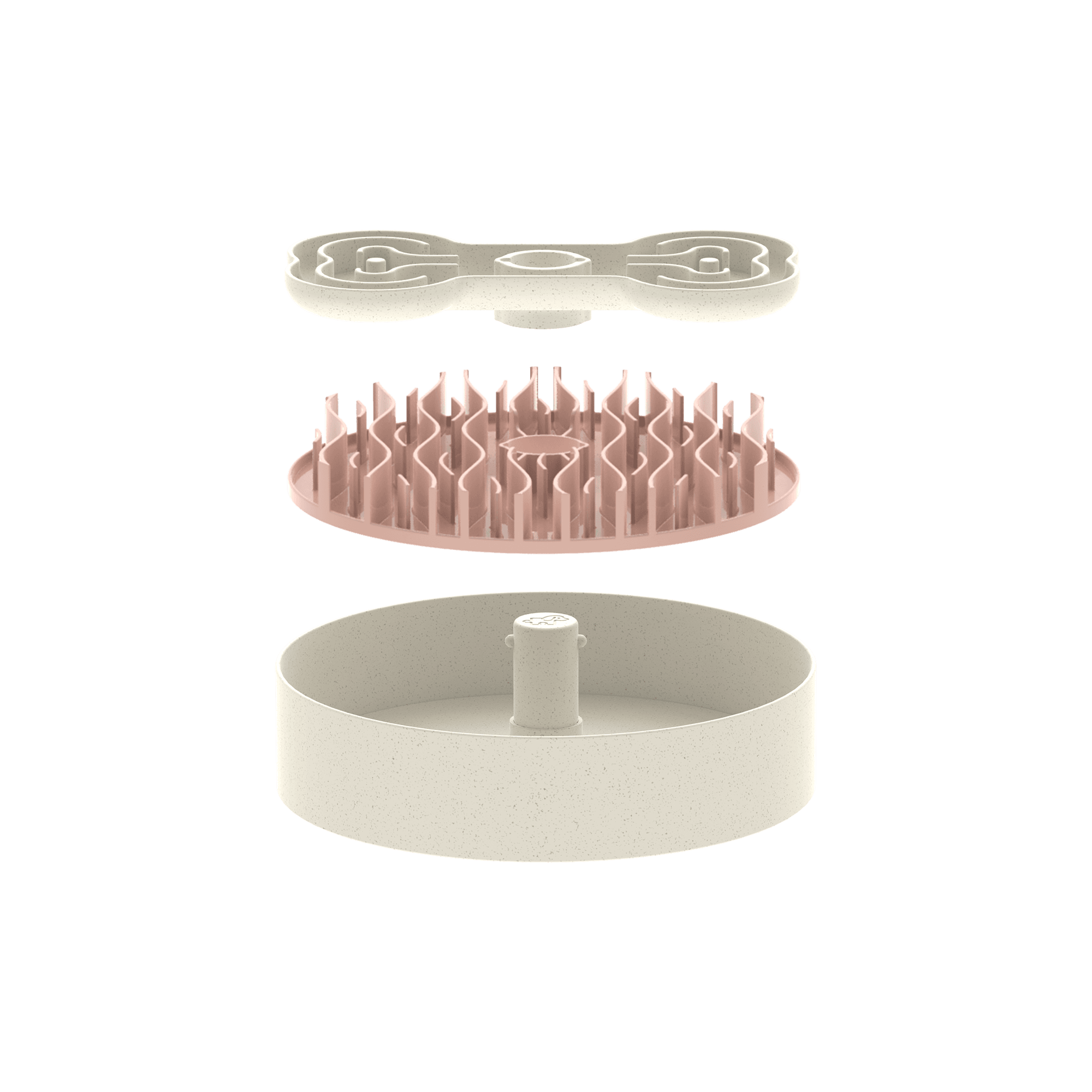 Exploded view of a three-part coral pink pet grooming brush from PuzzleFeeder™ featuring a textured middle section, detachable base, and top, resembling a puzzle for your pet's grooming routine.