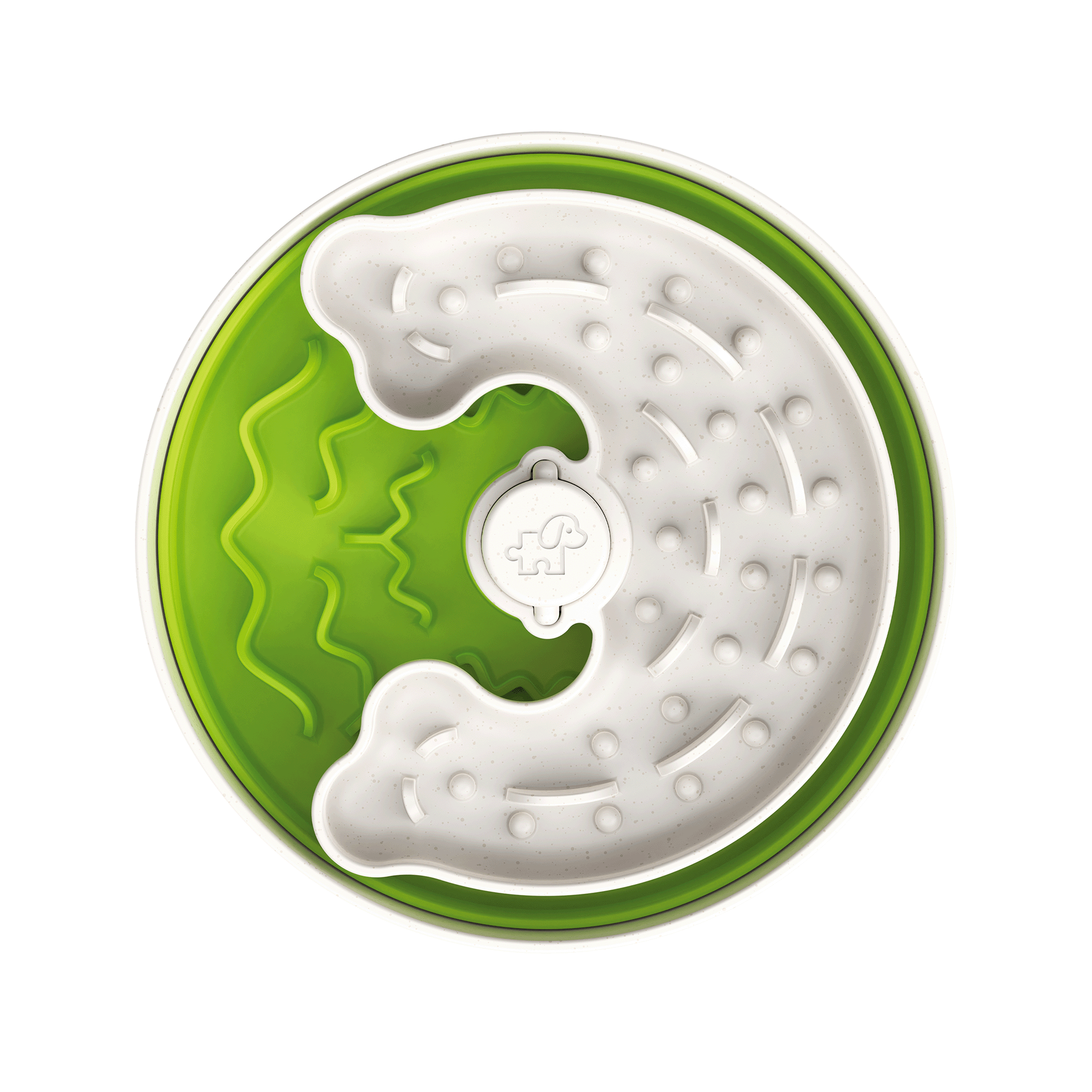 The Dog Puzzle Feeder™ Lite by Puzzle Feeder™, designed in green and white with maze-like patterns and raised obstacles, offers versatile feeding compatibility for small to medium breeds.