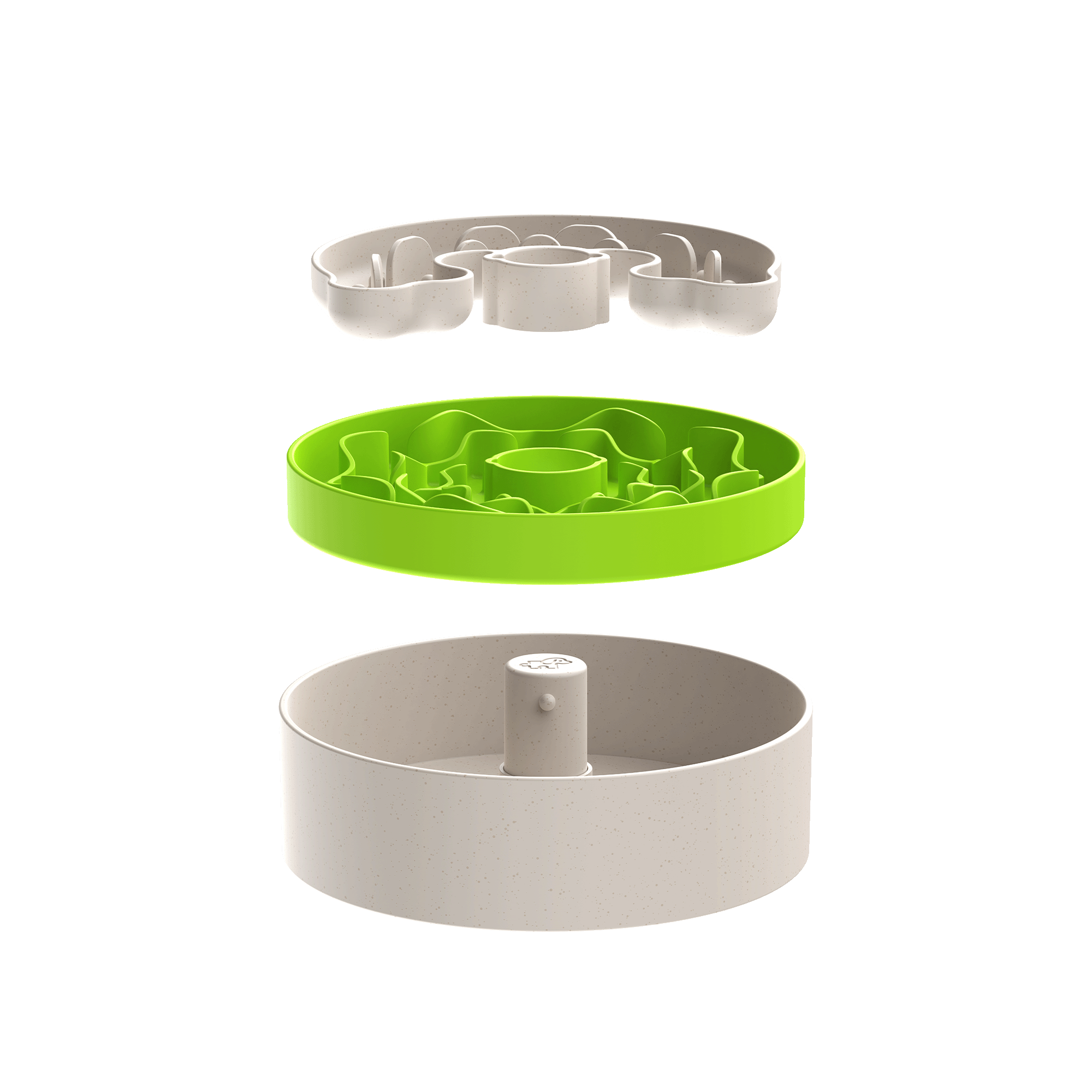 The Dog Puzzle Feeder™ Lite from Puzzle Feeder™, including a green slow eating dog bowl, a beige puzzle feeder, and a plain beige base, is shown in three separate stackable components floating above each other. This versatile feeding setup is perfect for encouraging slower eating habits in your pet.