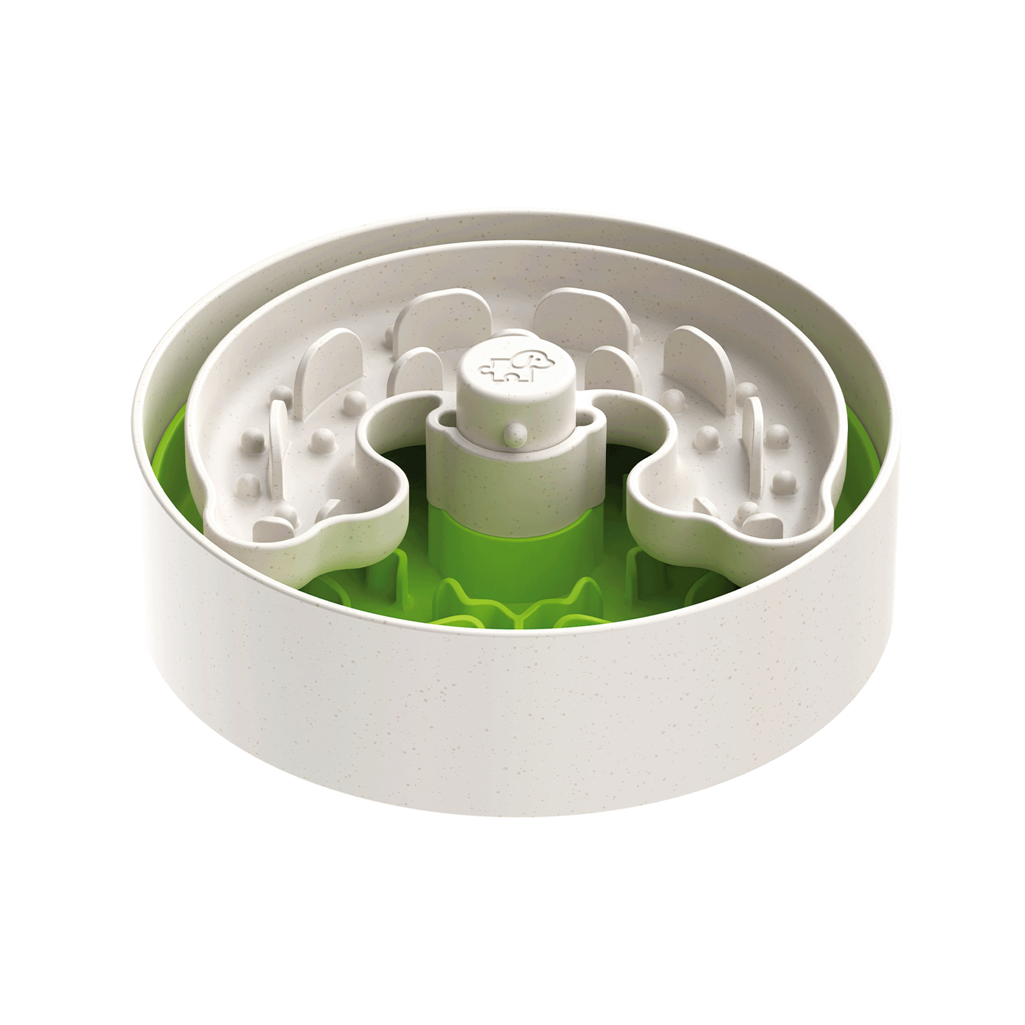 The Dog Puzzle Feeder™ Lite by Puzzle Feeder™ is a plastic pet feeder bowl designed for small and medium breeds, featuring a green and white maze-like design that helps to slow down eating. Its versatile feeding compatibility makes it an ideal choice for any pet.