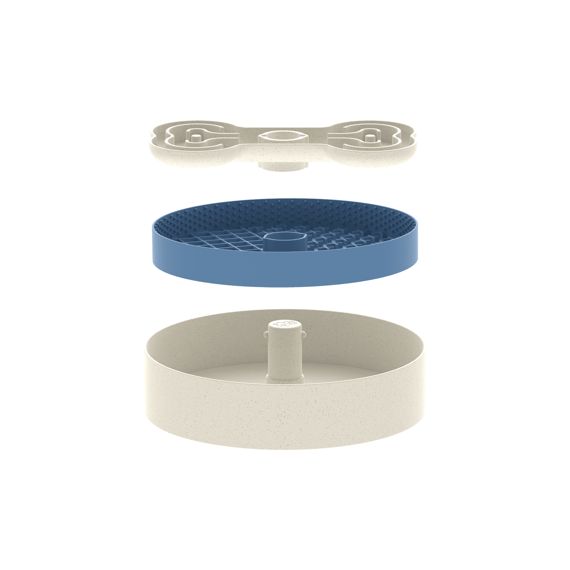 Exploded view of the PuzzleFeeder™ Puzzle Lick Bowl—a universal dog feeding solution featuring three parts: a beige top and bottom section, and a blue middle section with a grid pattern designed to slow down eating.