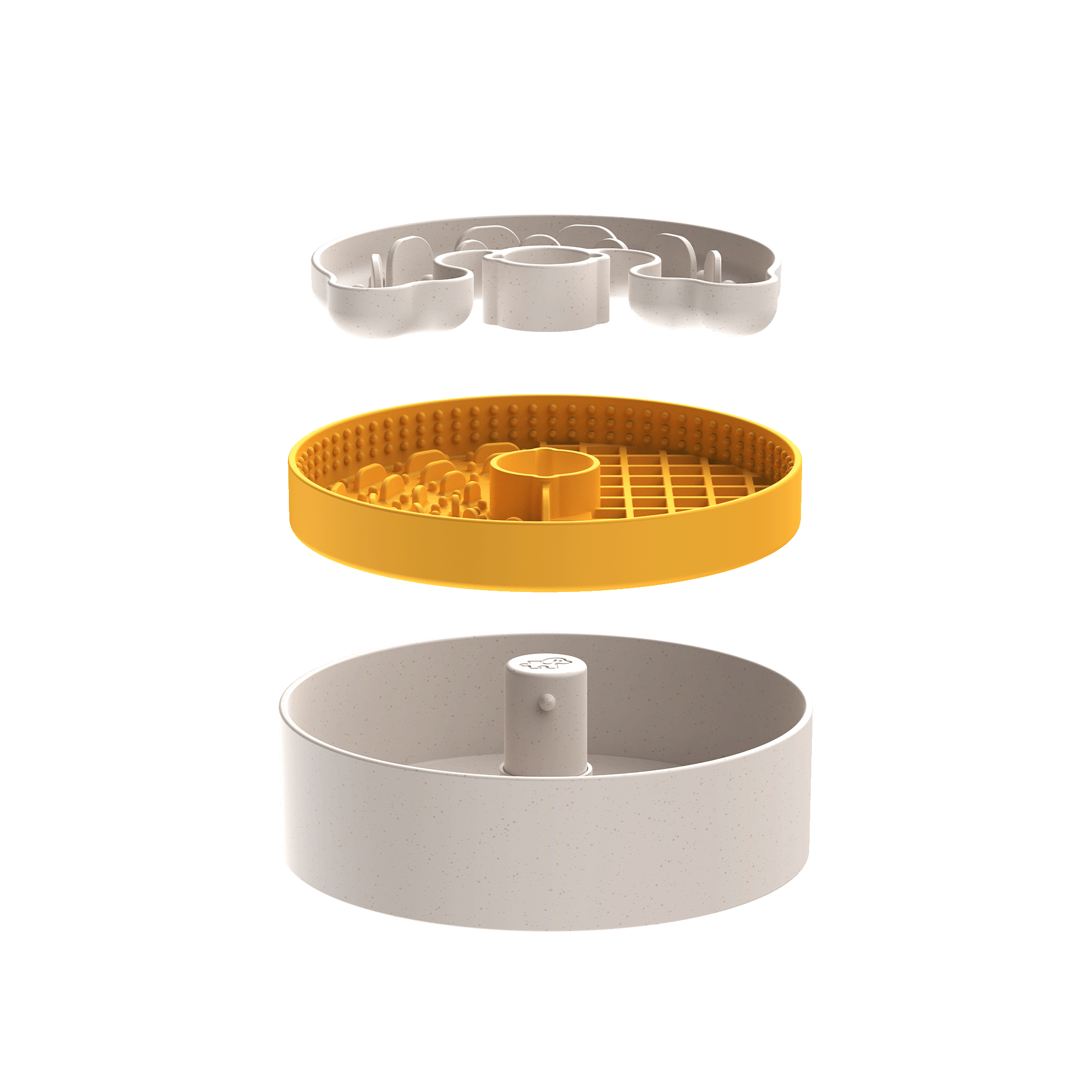 An exploded view of the three-part Puzzle Feeder™ Dog Puzzle Lick Bowl Lite for Licking Training for S/M Breeds (Orange), featuring a gray top section, a yellow middle section with a gridded pattern, and a gray bottom section with a central cylindrical protrusion.