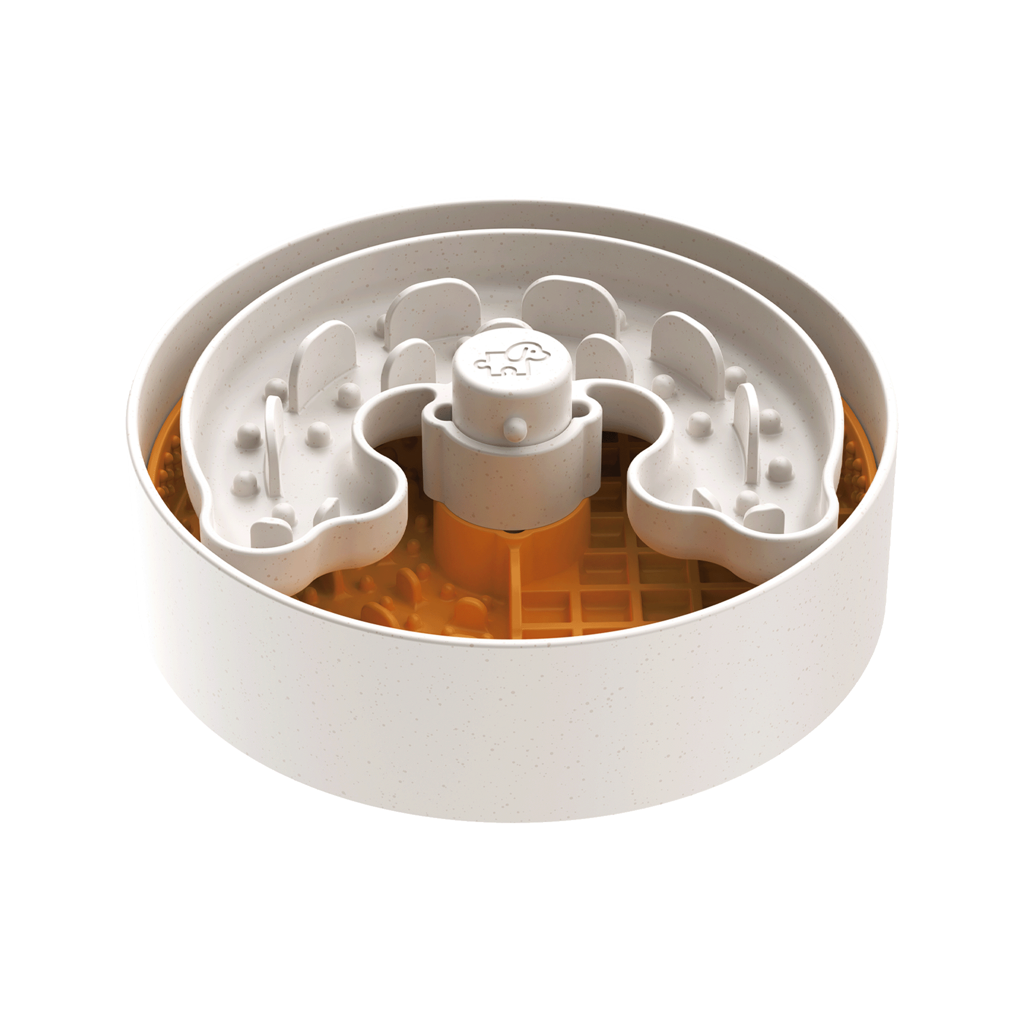 The Dog Puzzle Lick Bowl Lite for Licking Training for S/M Breeds (Orange) by Puzzle Feeder™ is a round, white slow feeder pet bowl with an orange base. It features an intricate maze design that regulates pets' eating speed, promoting healthy habits while turning mealtime into a fun challenge for your furry friend.