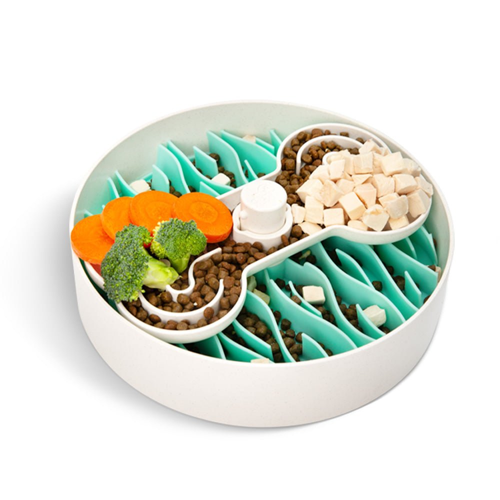 The Puzzle Feeder™ Premium Bundle Deal round pet feeding bowl, designed as a slow feeder, features sections with kibble, diced tofu, broccoli, and carrot slices, all separated by teal dividers to encourage healthy eating habits.