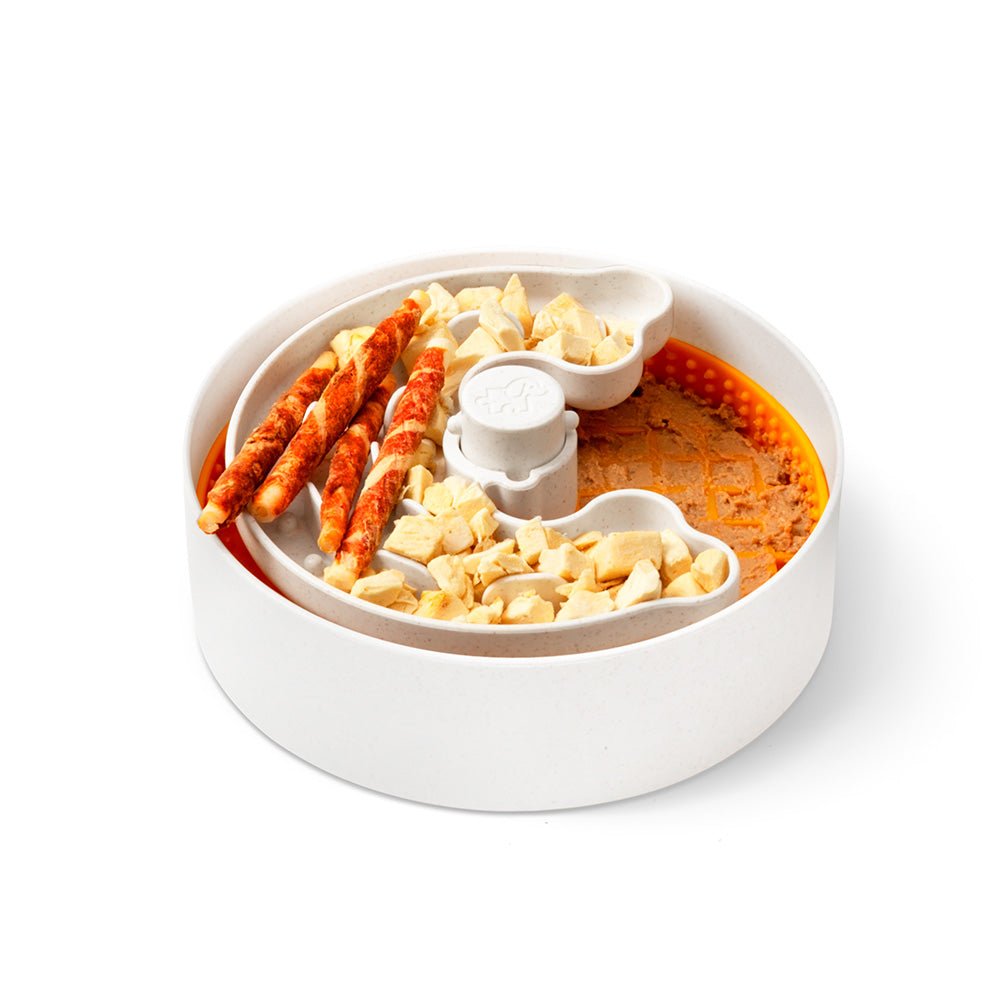 The Dog Puzzle Licker Junior by Puzzle Feeder™, designed for small to medium breeds, features an interactive design with a white bowl containing orange soup, three crispy sticks, and chunks of a white ingredient arranged in separate sections to engage your pet's curiosity.