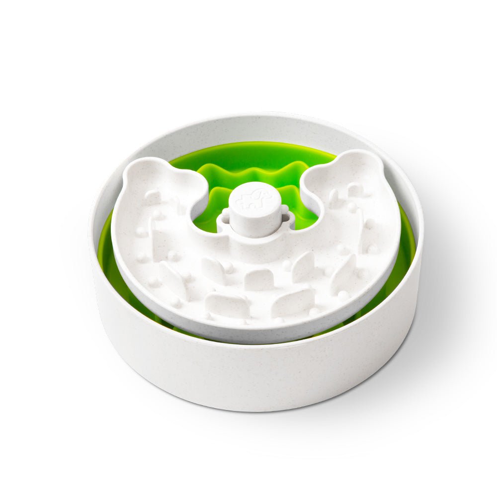 The Puzzle Feeder™ Junior by Puzzle Feeder™ is a green and white interactive pet feeder designed in layers to promote healthy eating habits, featuring an inner bone-shaped path, ideal for small dogs and puppies.