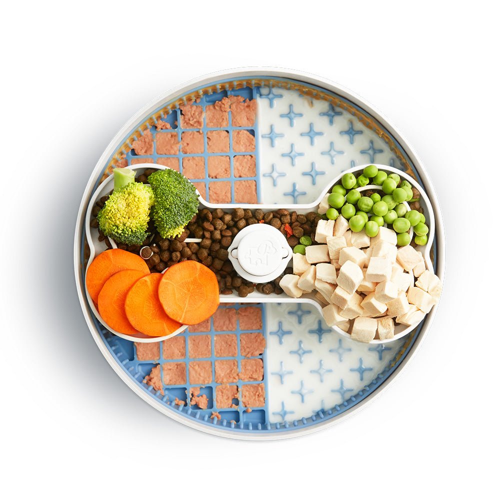 The Puzzle Licker Maze by Puzzle Feeder™ in its blue design, featuring kibble, carrots, broccoli, peas, diced chicken, and a pink pate in its divided sections, serves as an ideal slow feeder dog bowl that promotes better eating habits and supports dog dental health.