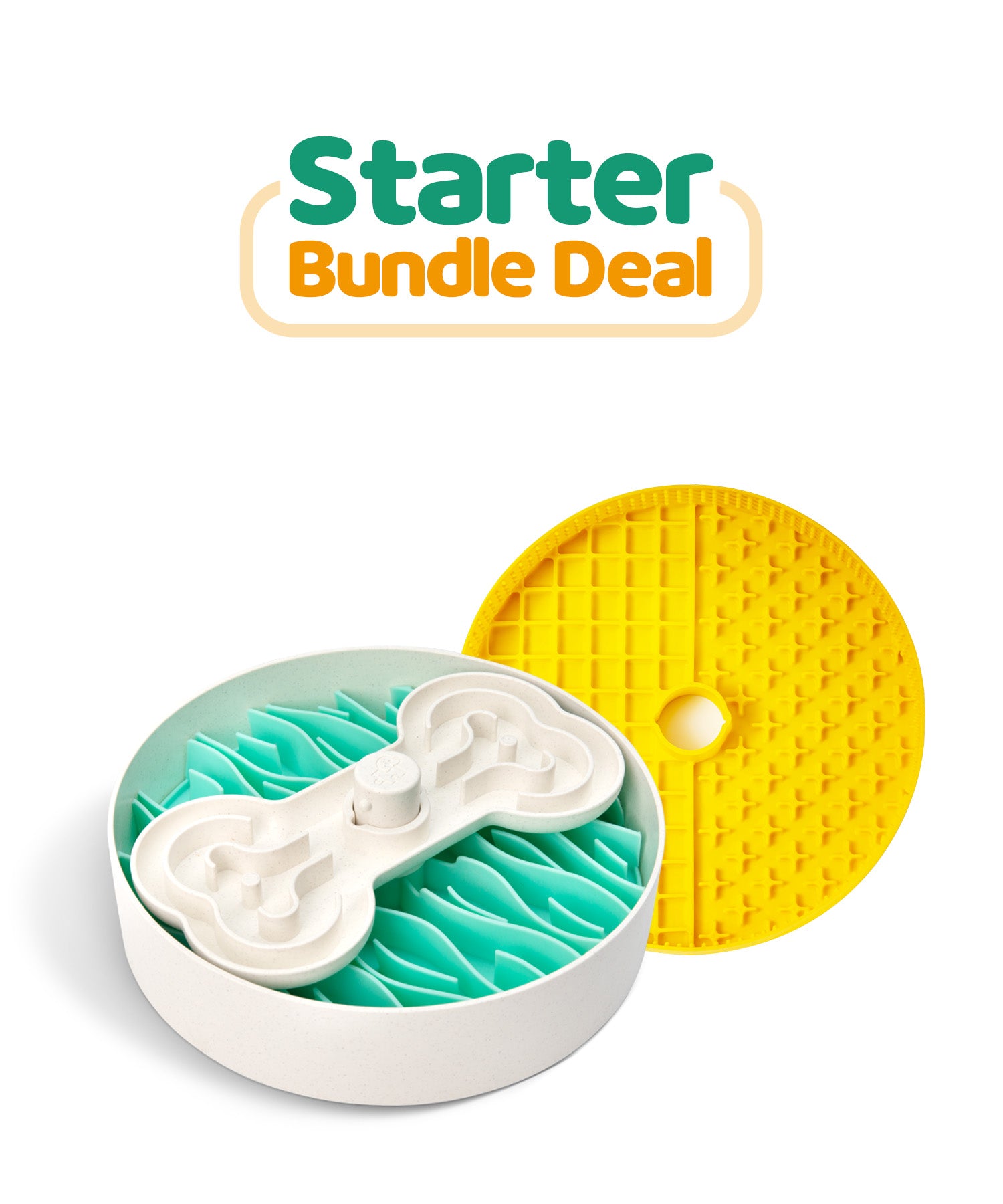 The "Starter Bundle Deal" by Puzzle Feeder™ includes a bone-shaped slow feeder dog bowl in white and teal, along with a round yellow textured lick mat, designed to encourage healthy eating habits and perfect for introducing your pet to puzzle feeders.