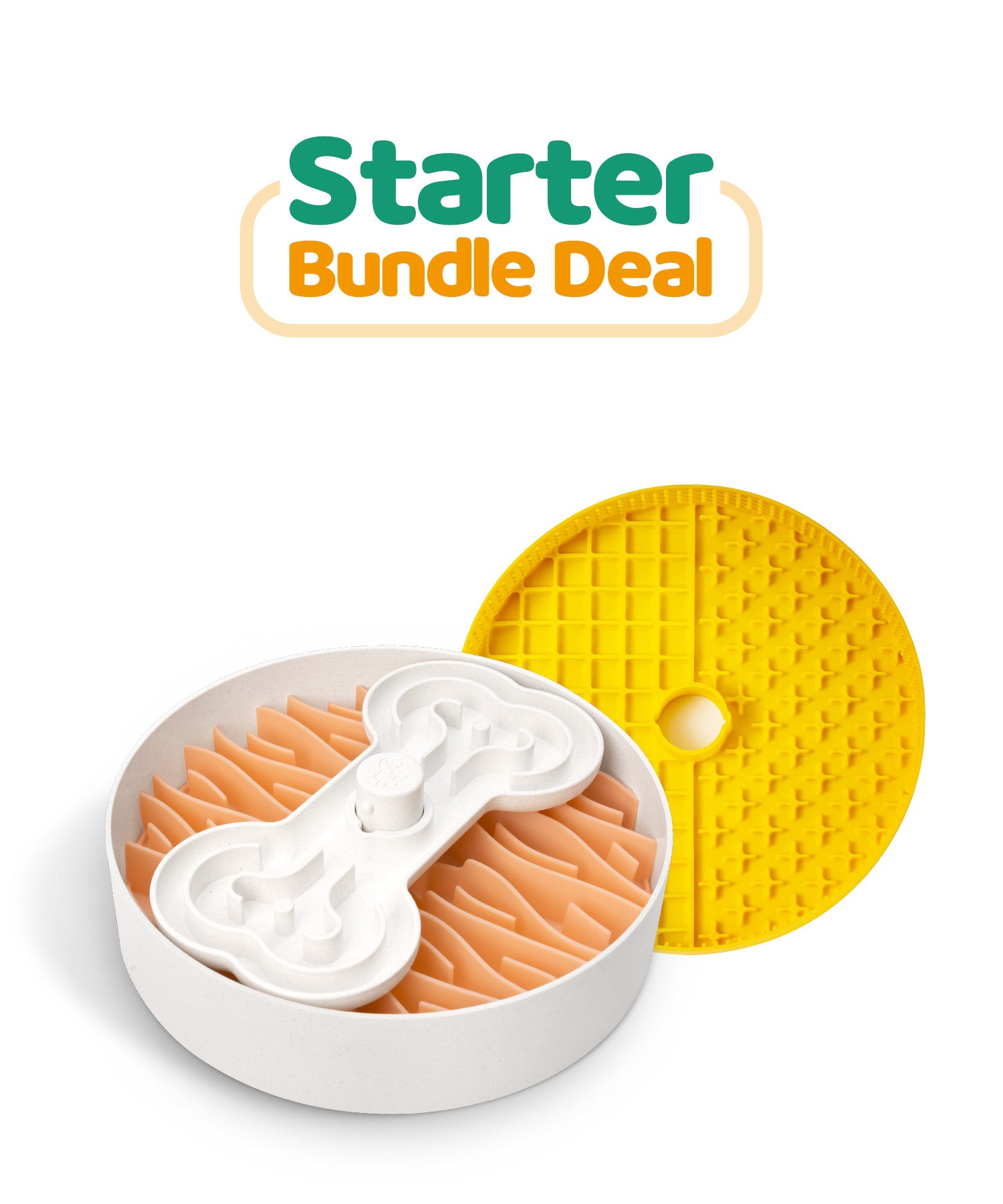 Puzzle Feeder™ Starter Bundle Deal includes a white slow feeder dog bowl with an intricate bone-shaped design and orange ridges, paired with a yellow textured disc to encourage healthy eating habits.