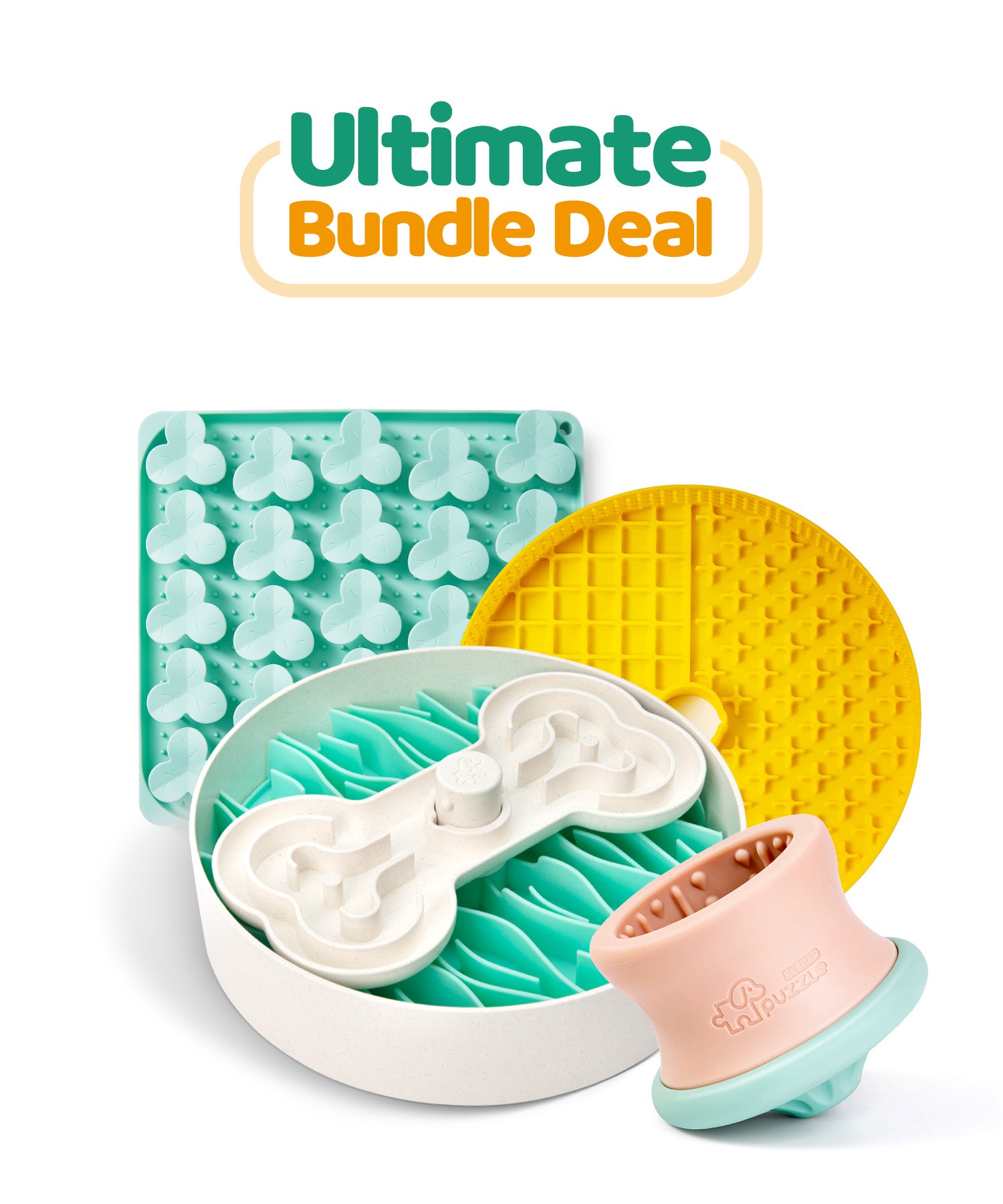 Introducing the Ultimate Bundle Deal by Puzzle Feeder™: This pet grooming package includes a bone-shaped lick mat, massage brush, textured mat, and a yellow slow feeder dog bowl designed to promote healthy eating habits.