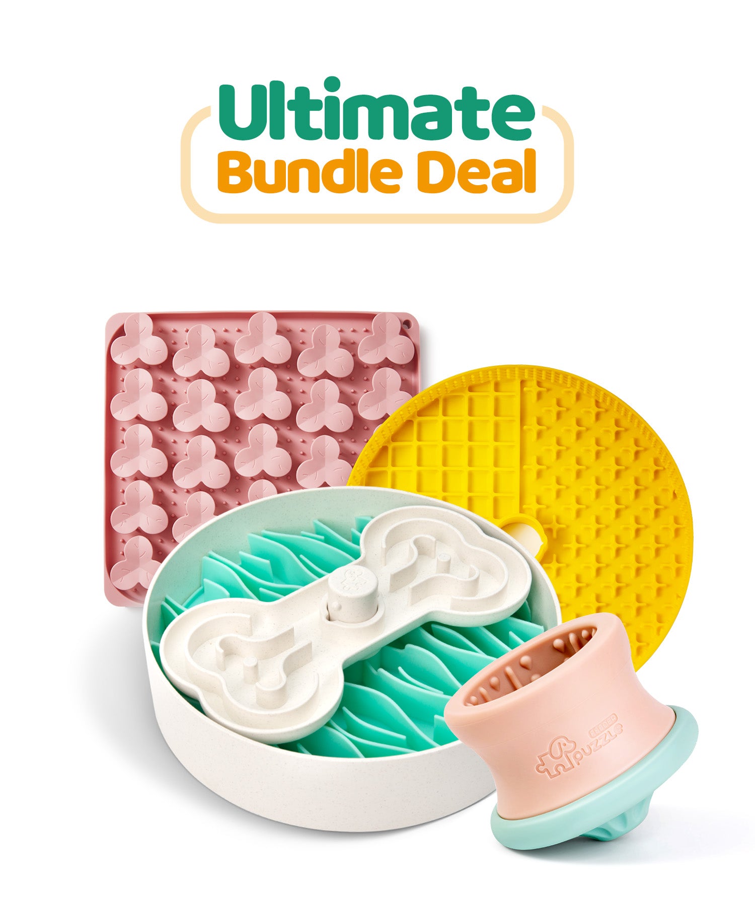 Introducing the Puzzle Feeder™ Ultimate Bundle Deal: a complete set of pet grooming and feeding tools, featuring treat mats, a puzzle feeder to encourage healthy eating habits, a slow feeder bowl, and a grooming brush.