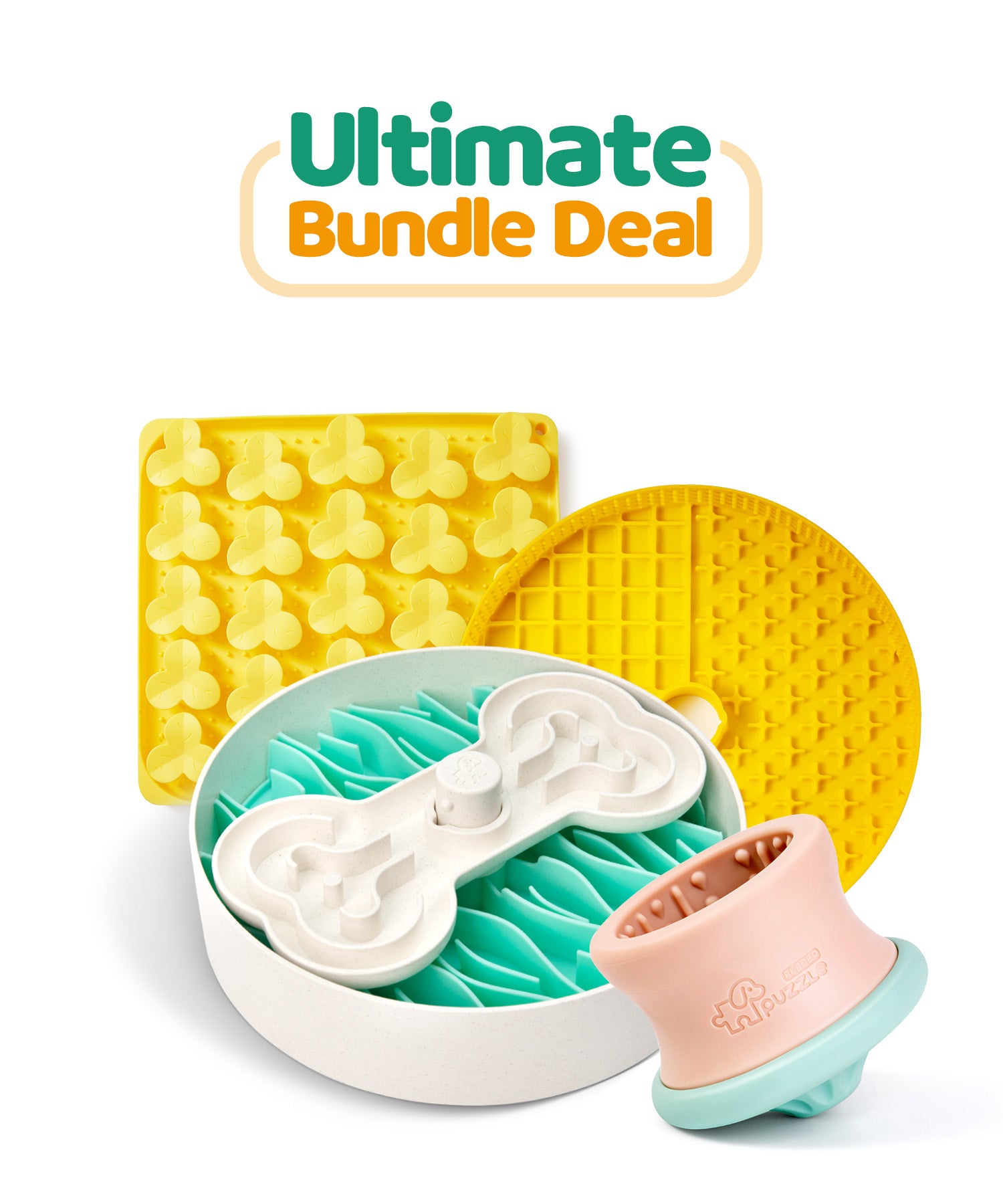 Explore the "Ultimate Bundle Deal" from Puzzle Feeder™, a pet grooming and feeding set designed to encourage healthy eating habits. This set features a slow feeder dog bowl, ideal for fans of puzzle feeders, along with a scrubbing brush and two interactive licking mats.