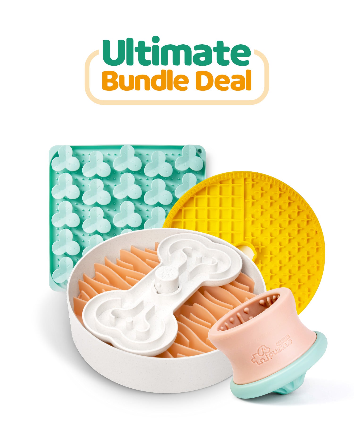 The Ultimate Bundle Deal by Puzzle Feeder™ highlights pet grooming and feeding essentials, including a brush, lick mat, and slow feeder dog bowl to encourage healthy eating habits.