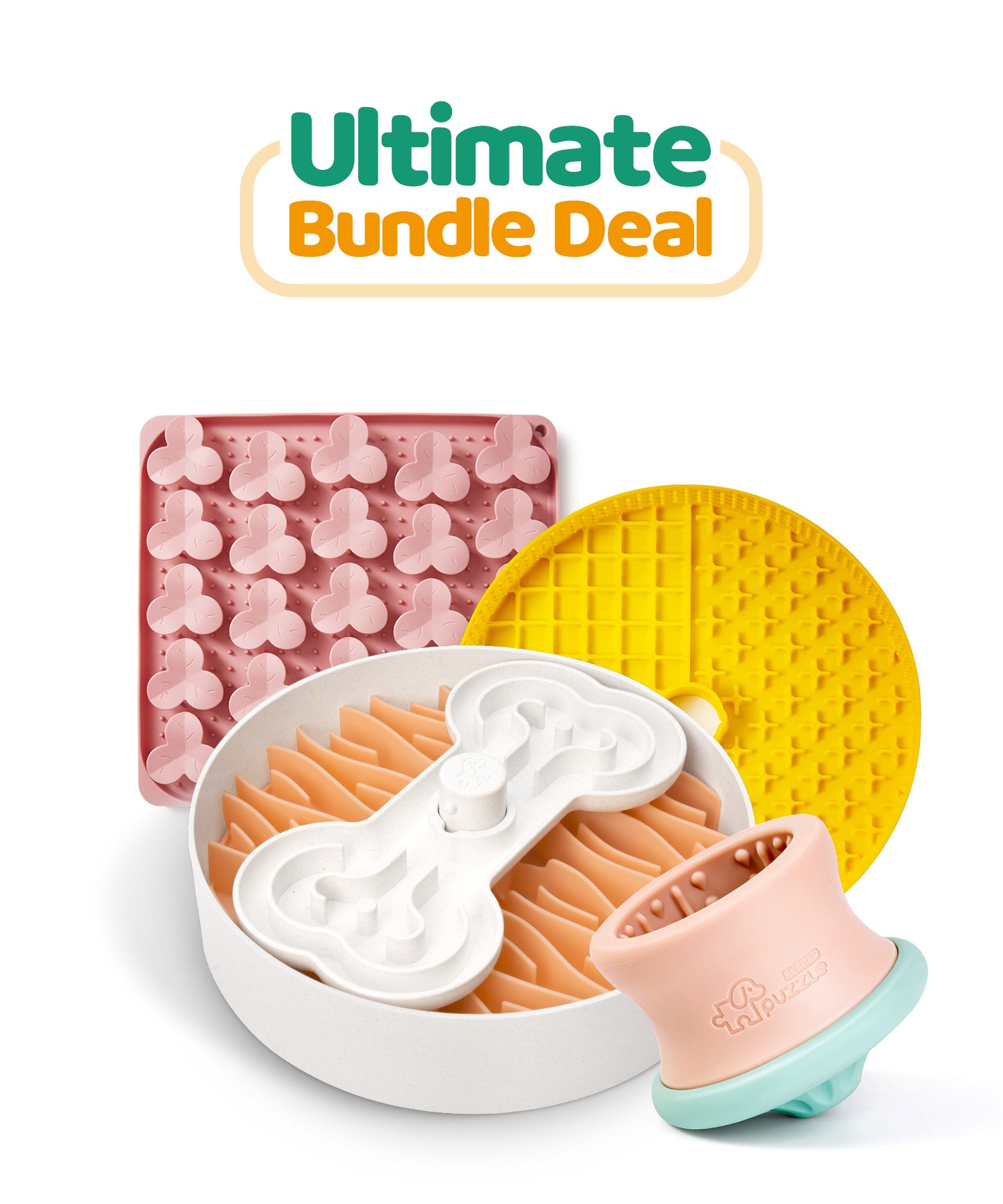 Puzzle Feeder™ presents the Ultimate Bundle Deal, featuring pet enrichment toys including a pink lick mat, a yellow slow feeder dog bowl, an orange bone-shaped feeder, and a pink treat dispensing toy designed to promote healthy eating habits and mental stimulation.