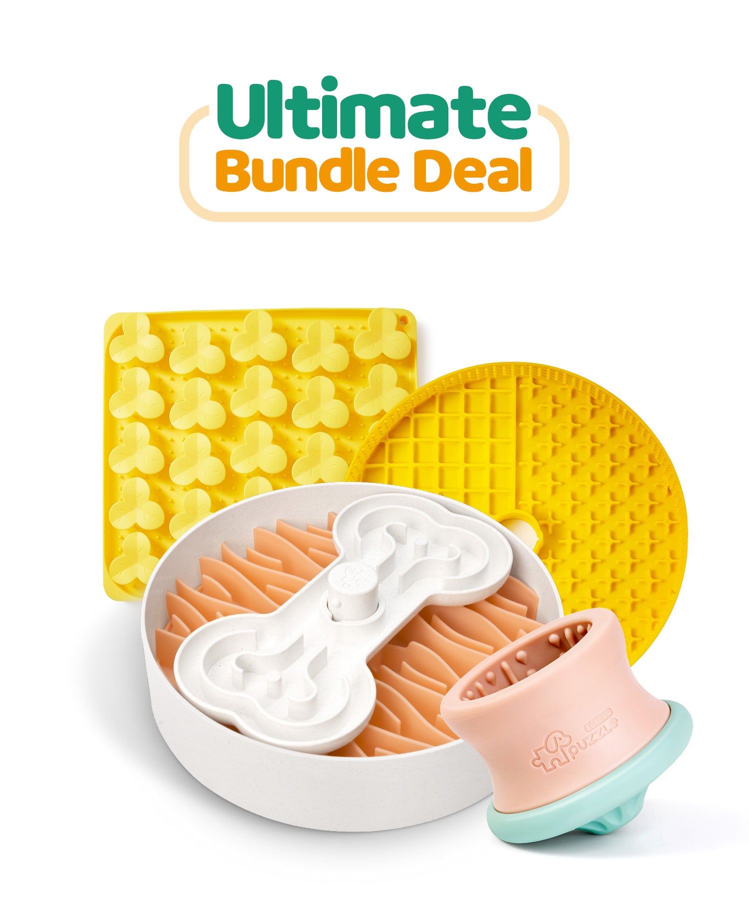 The Ultimate Bundle Deal by Puzzle Feeder™ includes a bone-shaped slow feeder dog bowl, a paw-shaped grooming brush, and two yellow textured licking mats, all crafted to encourage healthy eating habits.