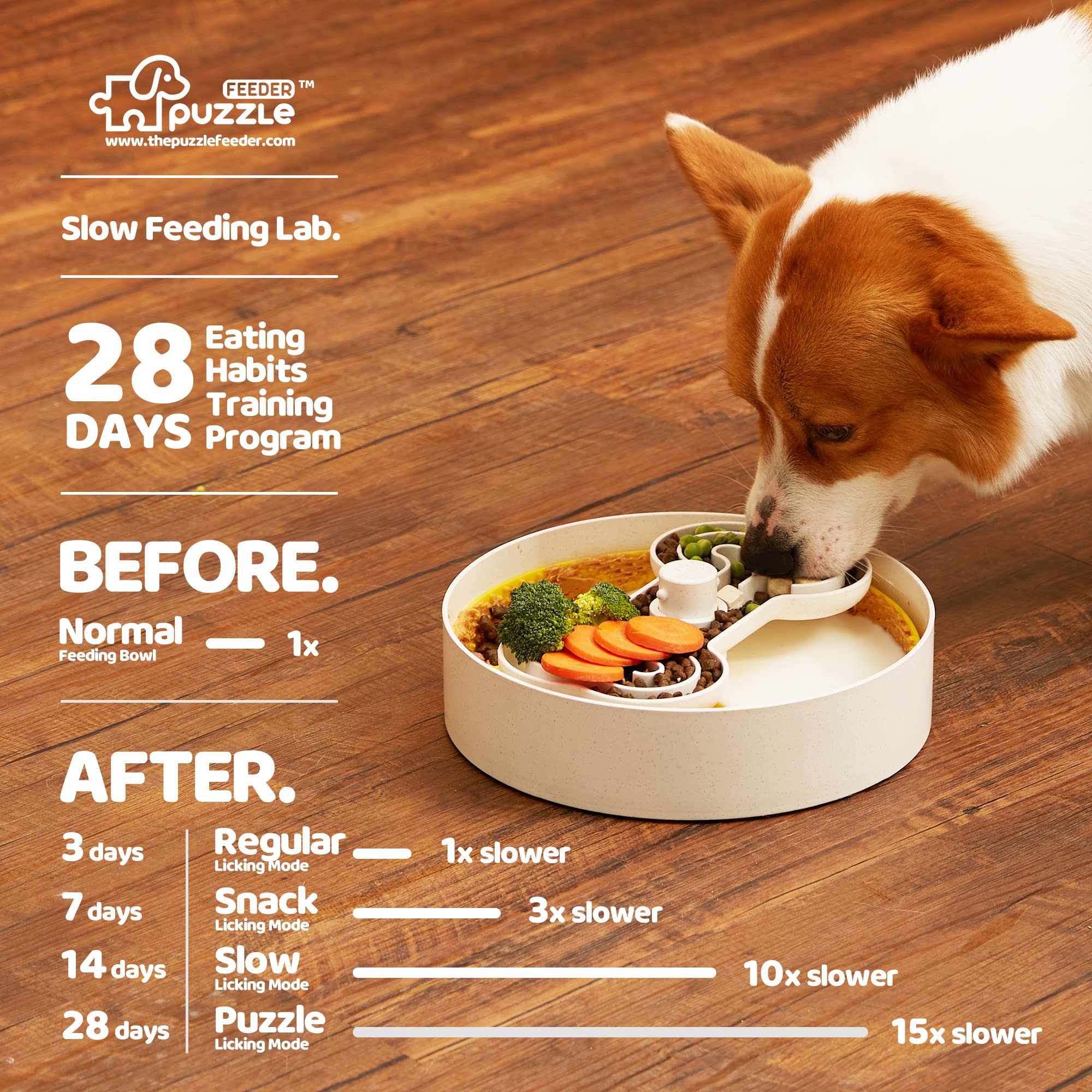 A dog eats from a wheat-yellow Dog Puzzle Lick Bowl by Puzzle Feeder™, which features compartments. The image explains a 28-day eating habits training program with different feeding modes: regular, snack, slow, and puzzle, compared to a normal bowl. The Dog Puzzle Lick Bowl also promotes dog dental health and provides a safe dining experience.